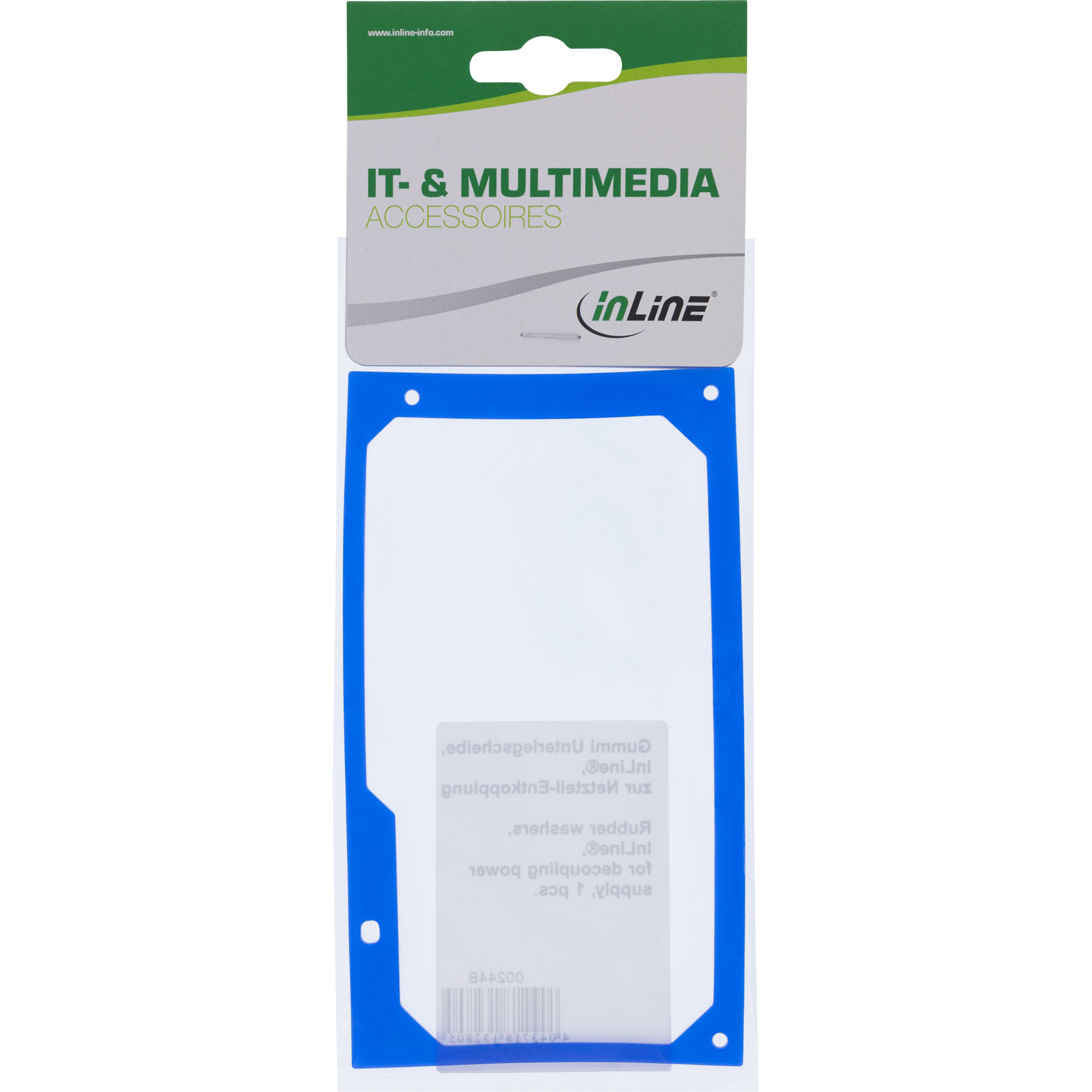 Ein blauer Rahmen mit weißer Mitte ist verpackt. Oben steht grüner und weißer Text: 'IT- & MULTIMEDIA ACCESSOIRES'.