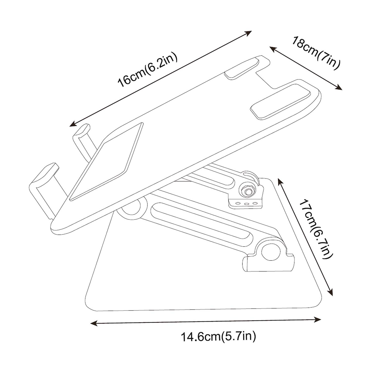 Een witte verstelbare laptopstandaard met afmetingen. 16cm, 18cm, 17cm en 14,6cm worden getoond met pijlen en metingen.