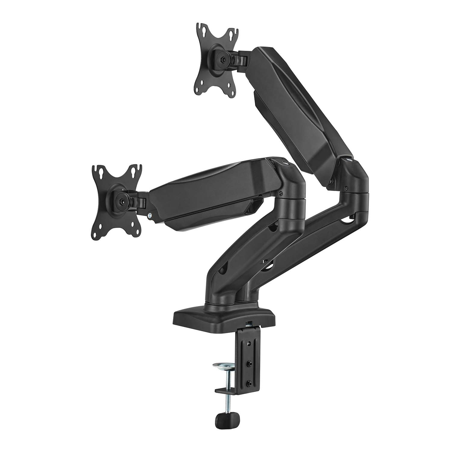 Un brazo negro para monitor dual sobre fondo blanco. Tiene brazos ajustables y una abrazadera para montaje en escritorio. El diseño es moderno.