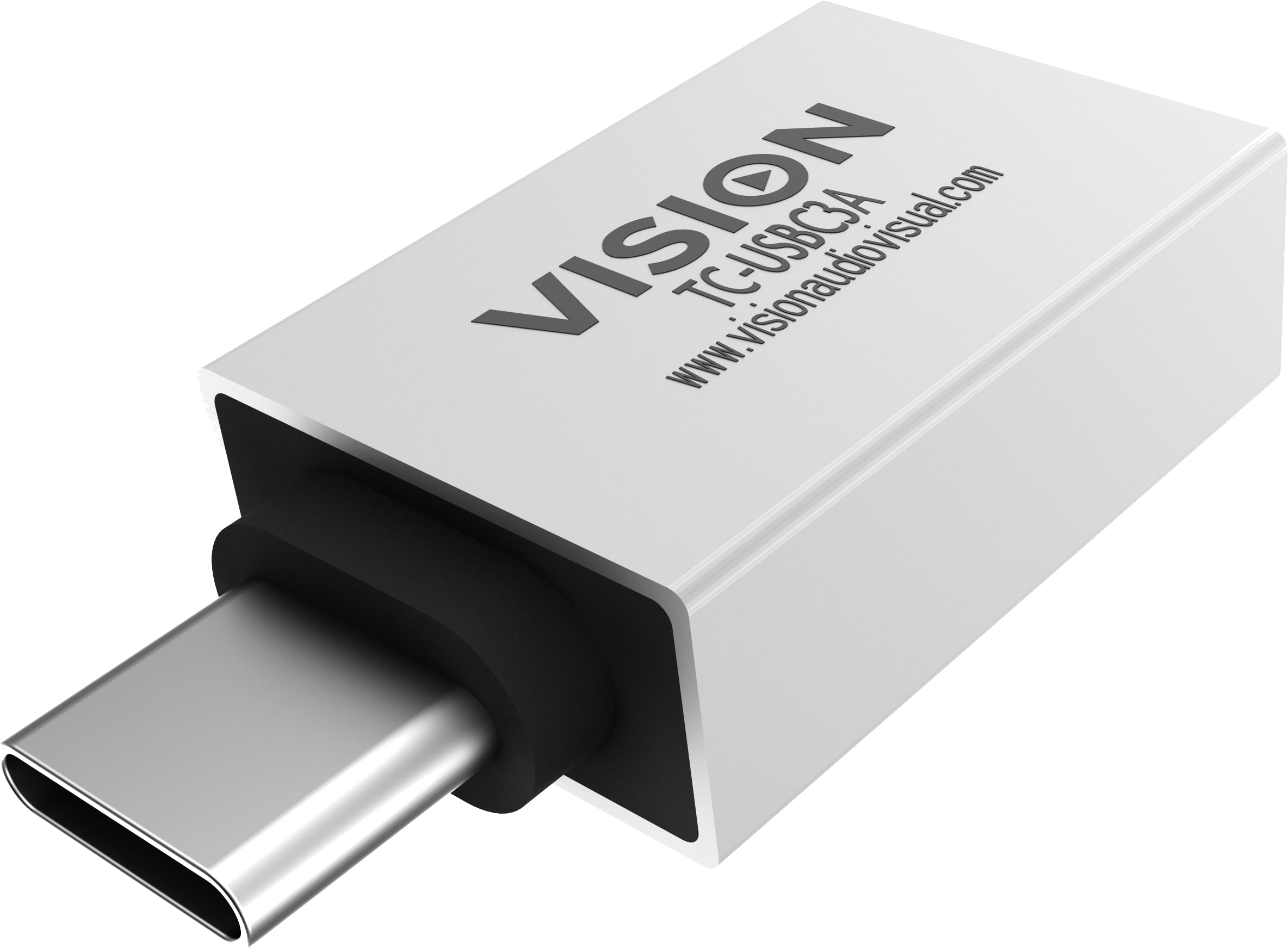 Un adattatore USB-C bianco con la scritta VISION e altro testo. L'adattatore ha un connettore USB-C argentato.