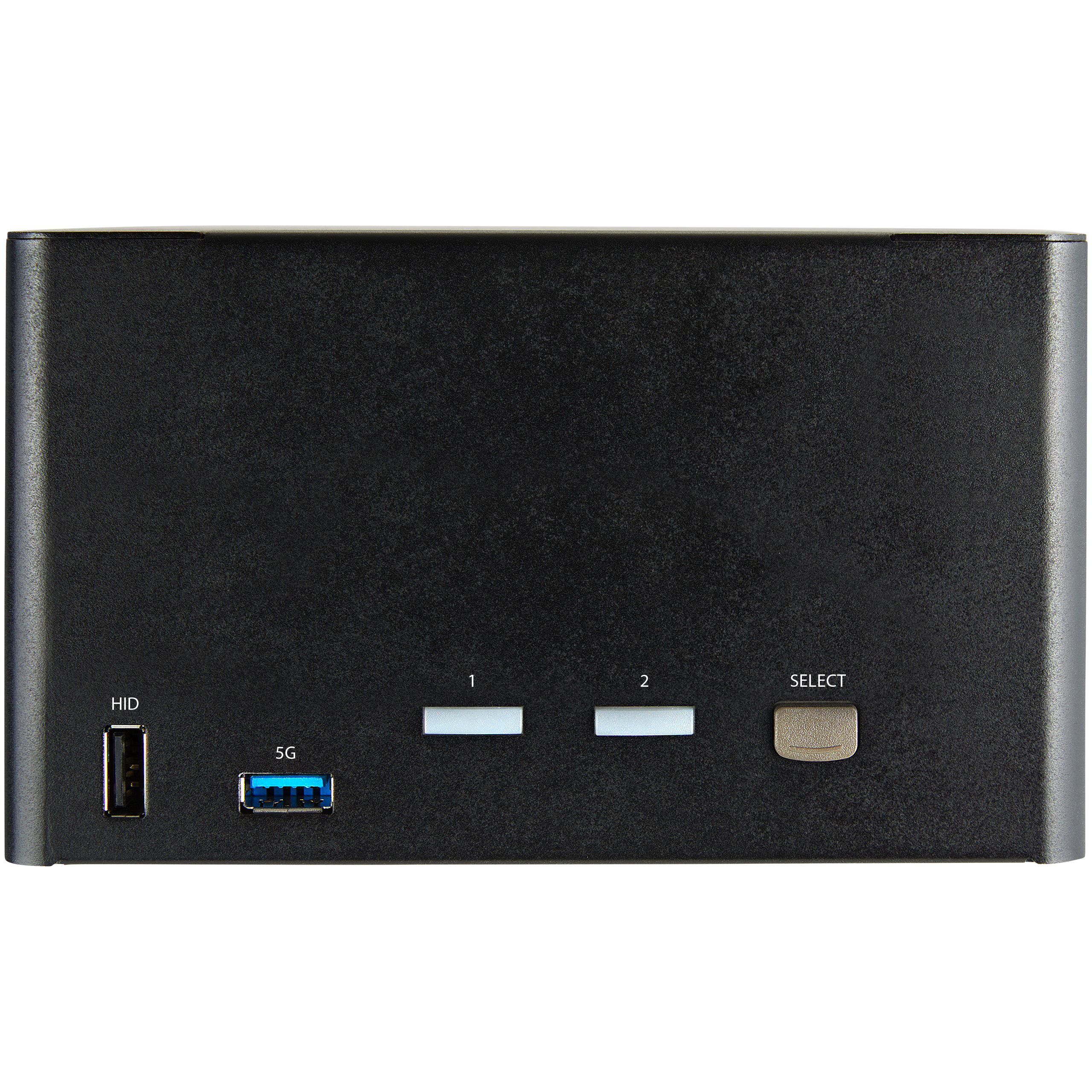 Vista frontale di un dispositivo nero con porte USB, pulsanti e luci. Sfondo bianco.