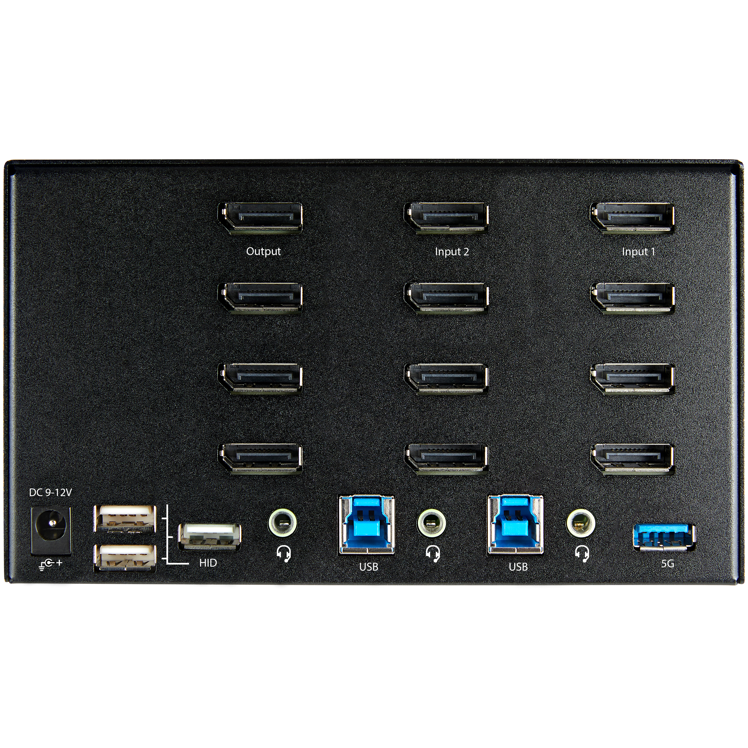 Dispositivo nero con più porte etichettate 'Output', 'Input 1', 'Input 2', 'USB' e '5G'. Contiene prese di alimentazione e audio.