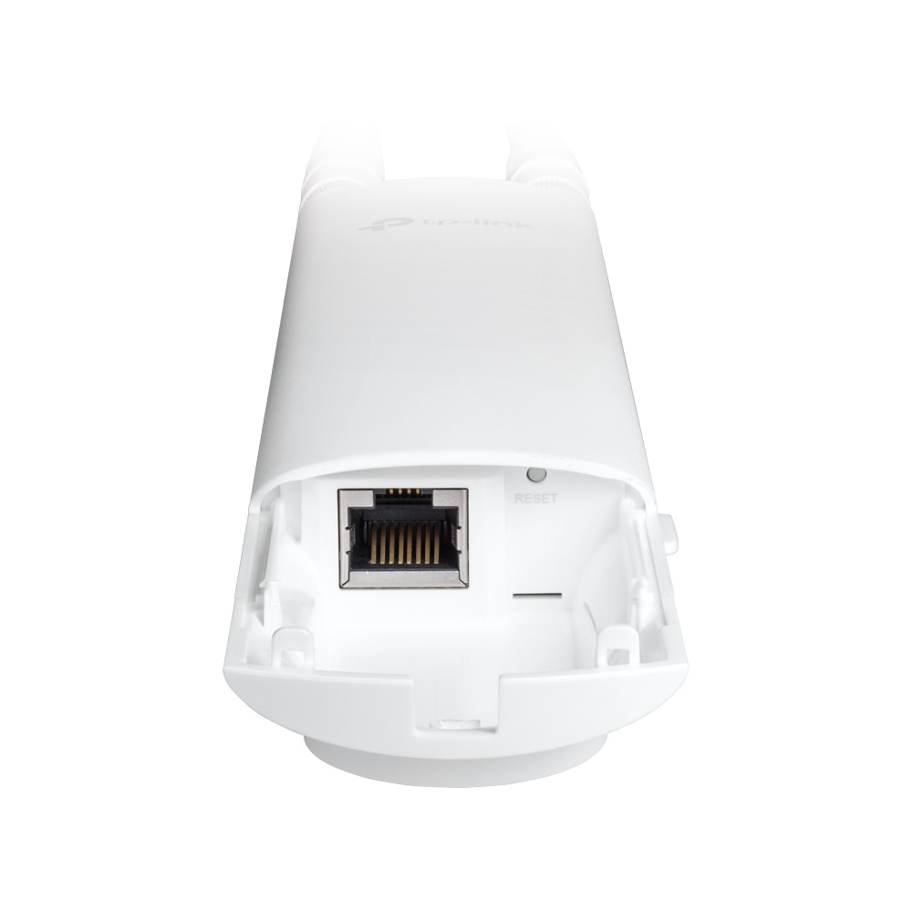 Access point TP-Link bianco. Dispone di una porta Ethernet, un pulsante di ripristino e due antenne. Il dispositivo è su sfondo bianco.