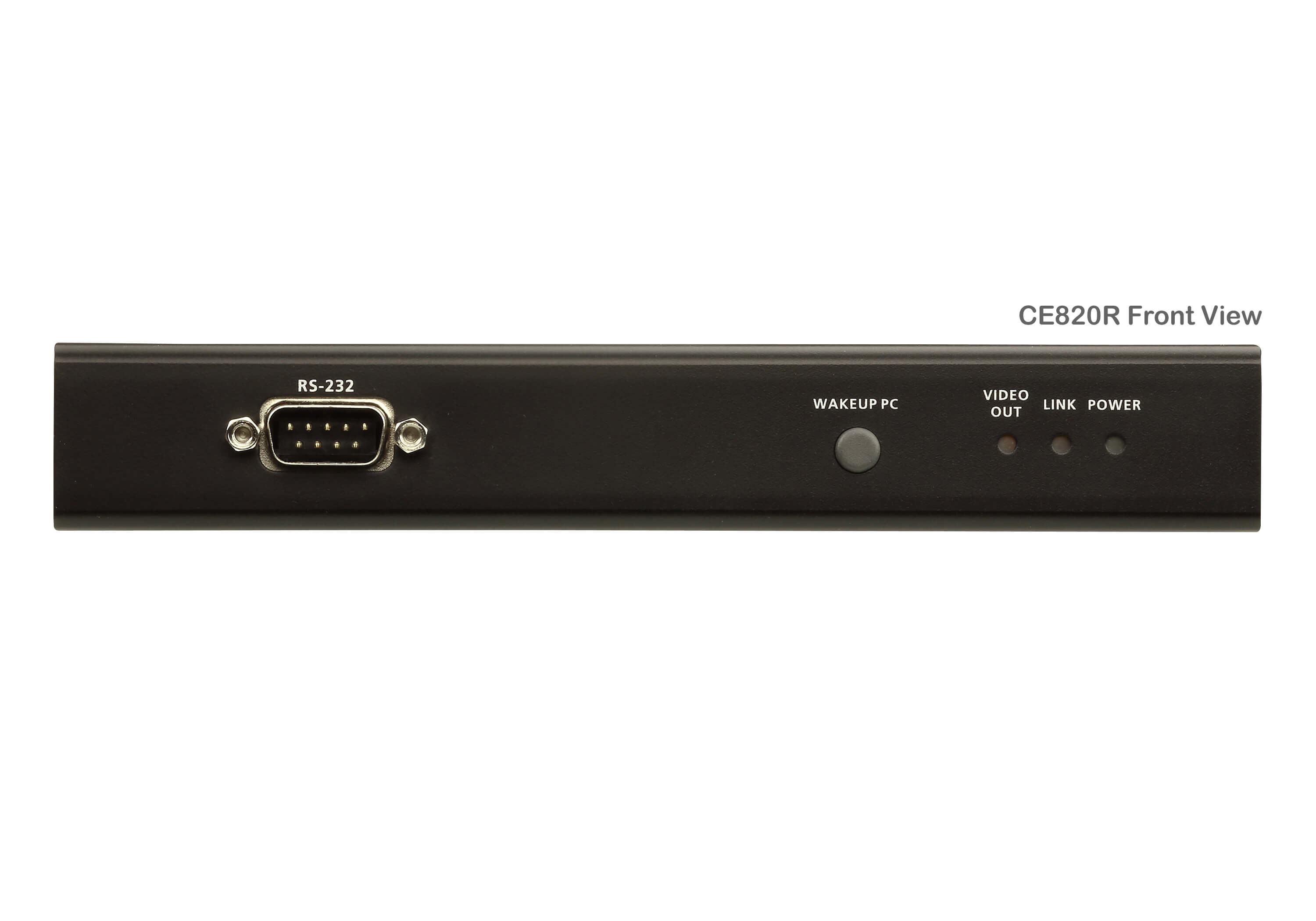 Face avant d'un appareil noir. Comprend un port RS-232, un bouton et des voyants vidéo, liaison et alimentation.