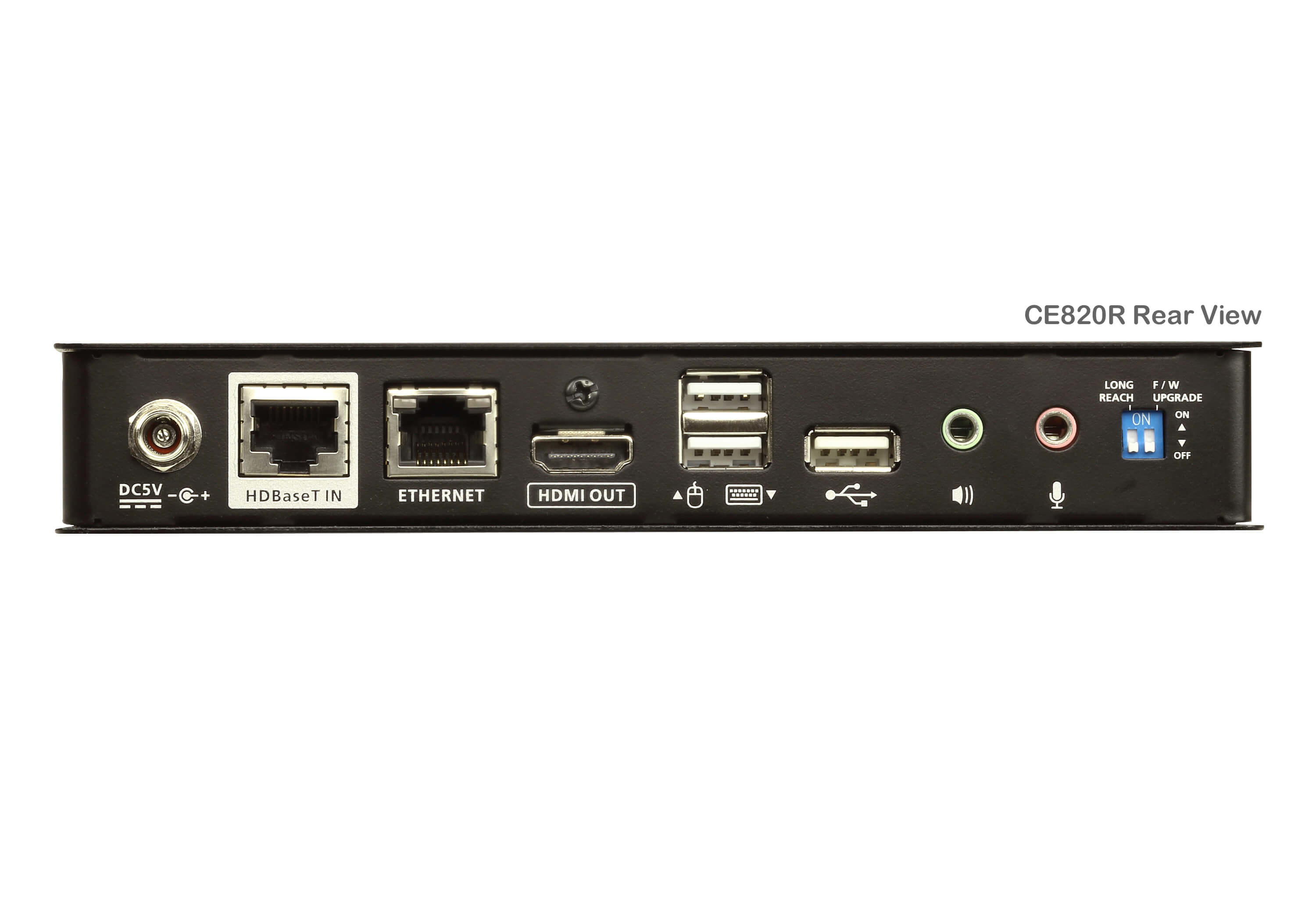 Vue arrière d'un appareil CE820R noir. Il possède divers ports : DC5V, HDBaseT, Ethernet, HDMI et USB.