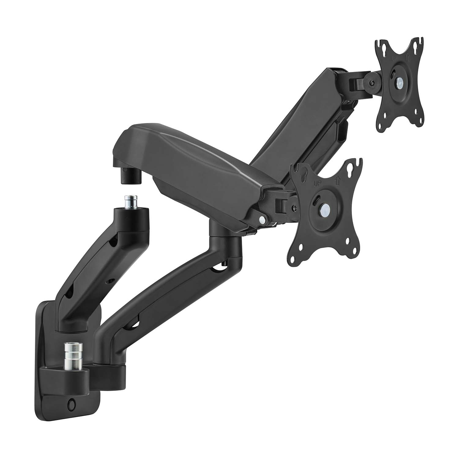 Un brazo negro para monitor doble está montado en una pared blanca. El brazo soporta dos monitores. El brazo es de metal y plástico.