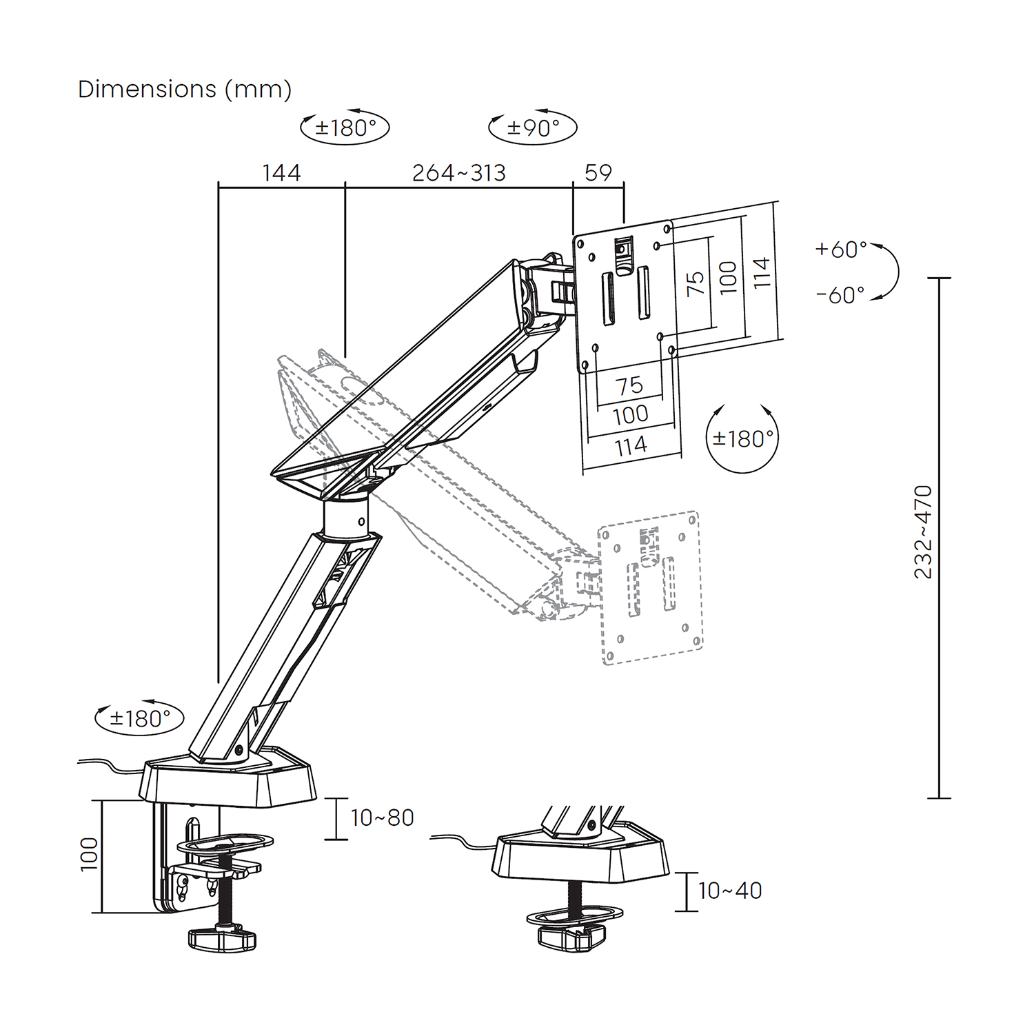 Dibujo técnico de un brazo de monitor, con dimensiones y ángulos indicados. Incluye medidas en mm y varios grados de rotación.
