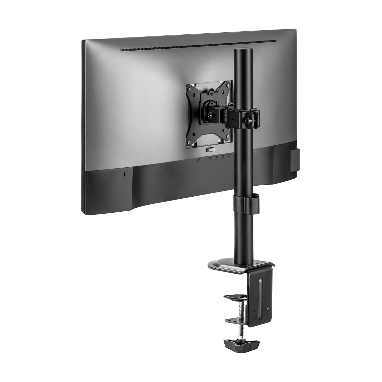 Een computermonitor is gemonteerd op een zwarte arm met een klem. De achterkant van de monitor is zichtbaar, met poorten en montagehardware.