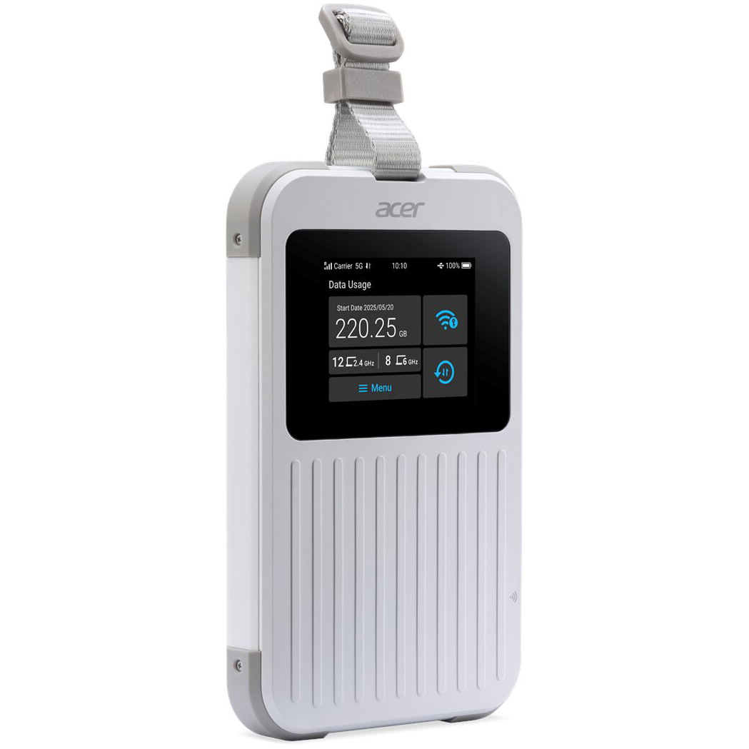 Een witte en grijze Acer mobiele hotspot met een scherm dat dataverbruik toont. Het heeft een grijze band en een menuknop.