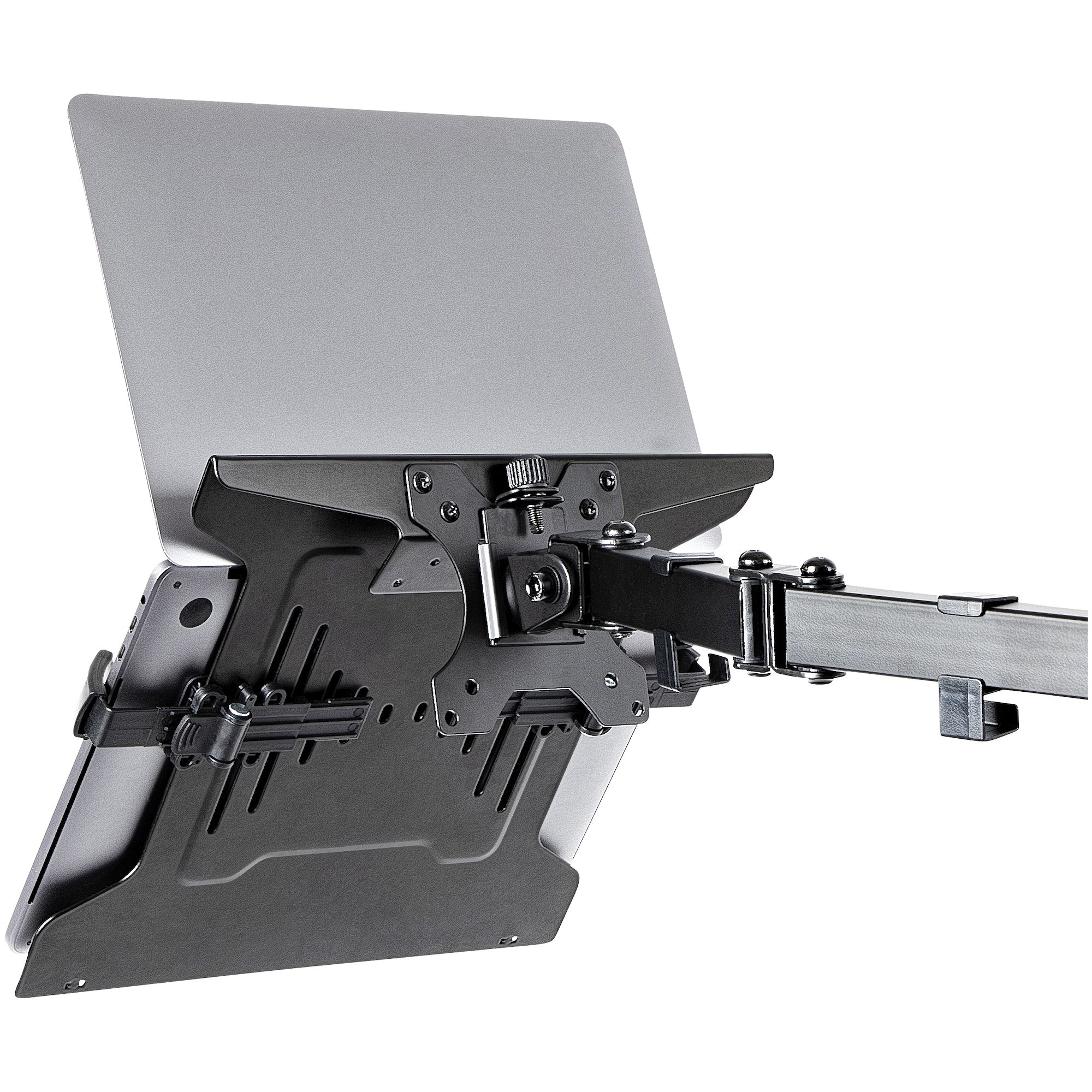 Ein Laptop, der auf einem schwarzen Metallarm montiert ist, der an einer schwarzen und silbernen Halterung befestigt ist, vor weißem Hintergrund.