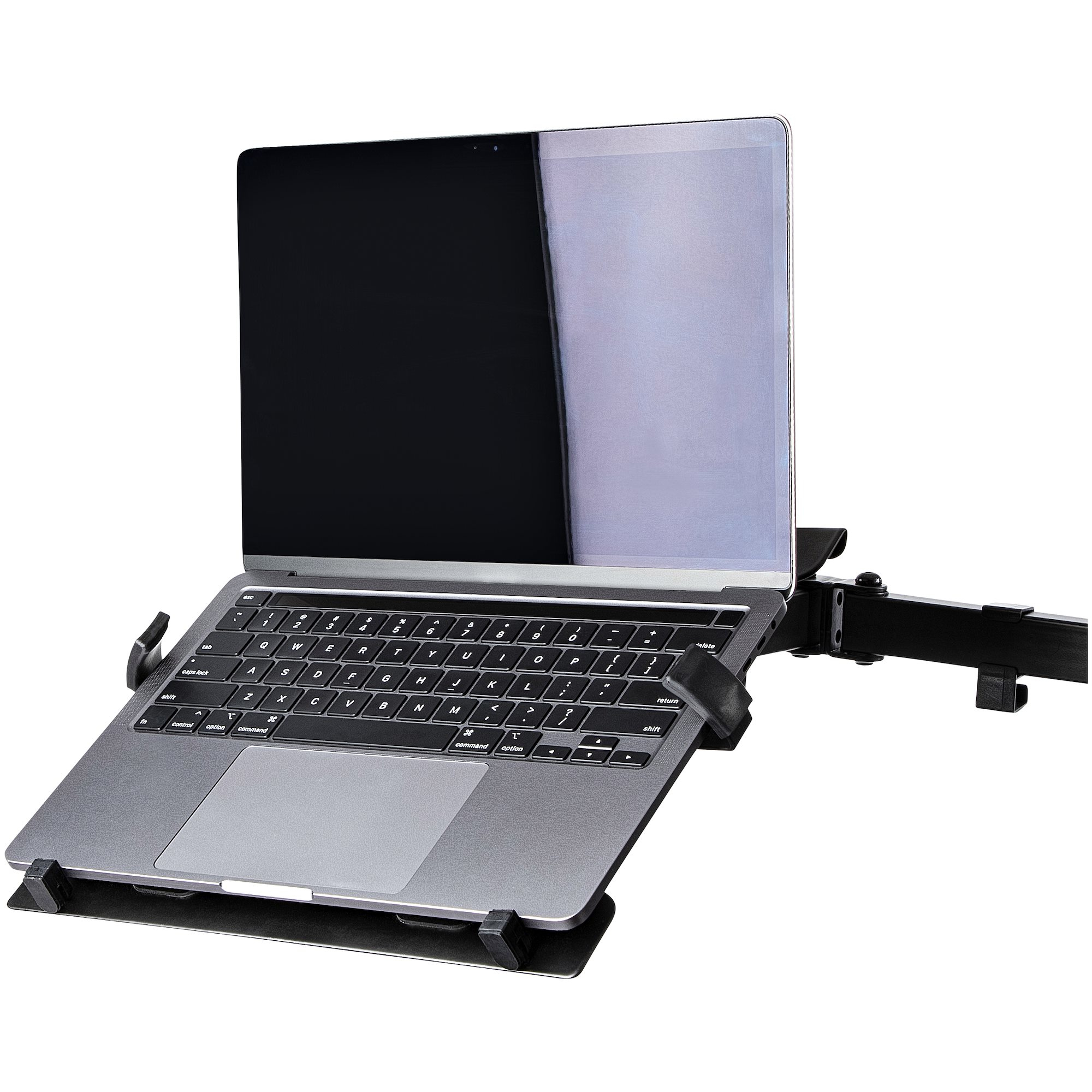 Laptop auf einem schwarzen Ständer, nach oben abgewinkelt. Der Bildschirm ist eingeschaltet und die Tastatur ist sichtbar.