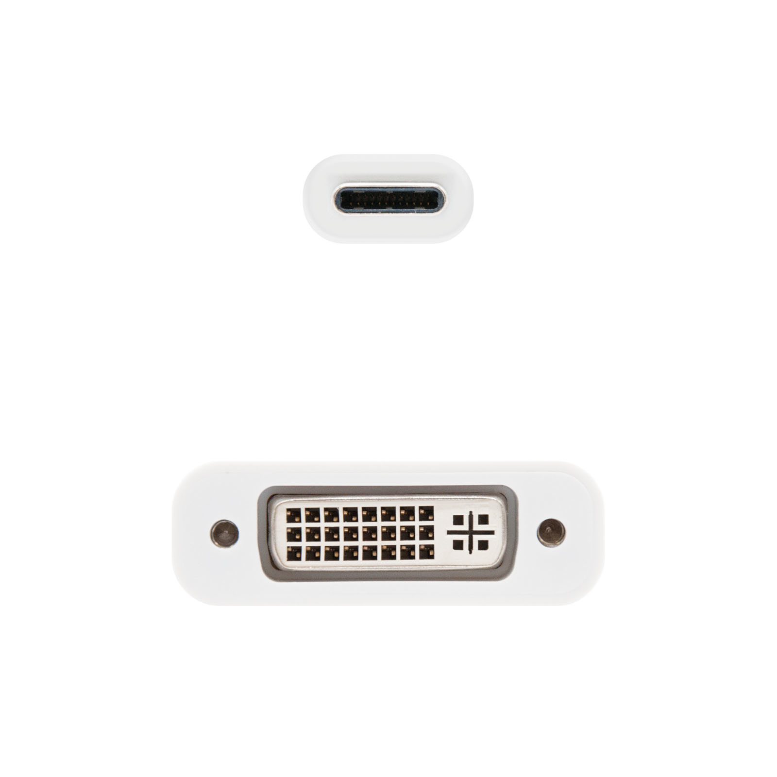 Vista superior de conectores blancos: USB-C y DVI. DVI tiene pines y tornillos. Fondo blanco.