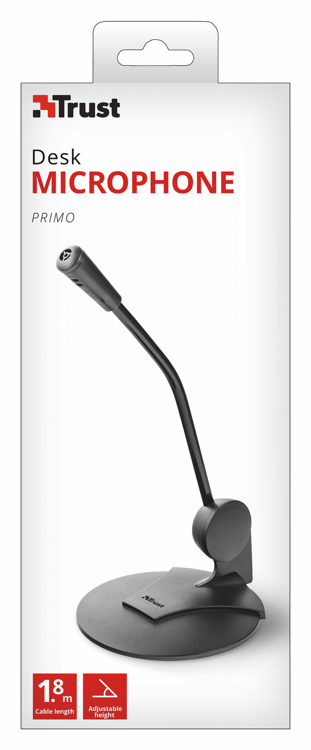 Czarny mikrofon biurkowy w pudełku. Zakrzywiony, okrągła podstawa. Na pudełku napis 'Desk MICROPHONE PRIMO'.