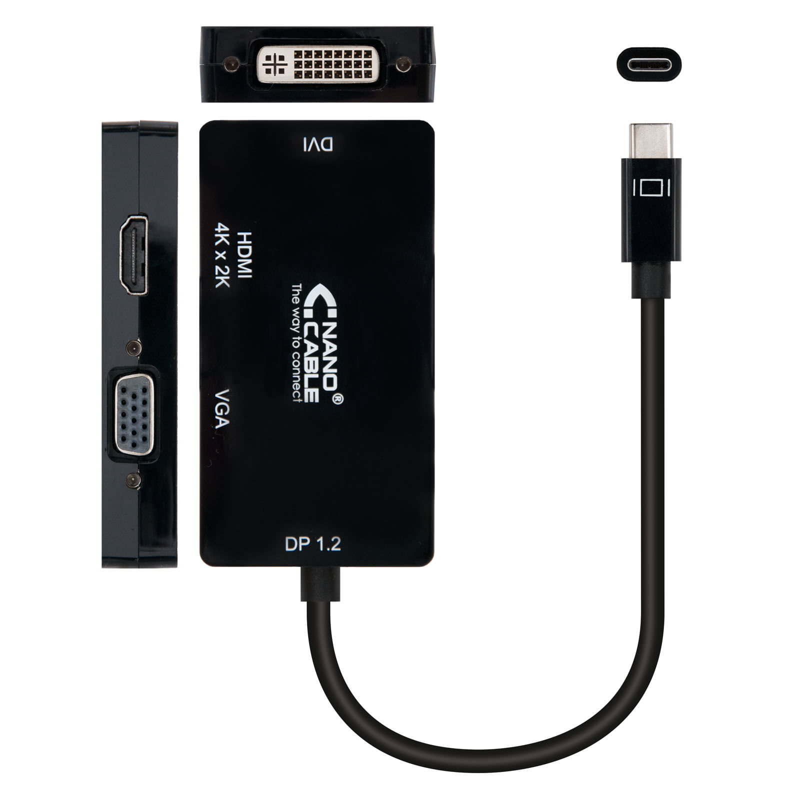 Adaptador negro con puertos HDMI, VGA, DVI y cable USB-C. Tiene la marca Nano Cable.