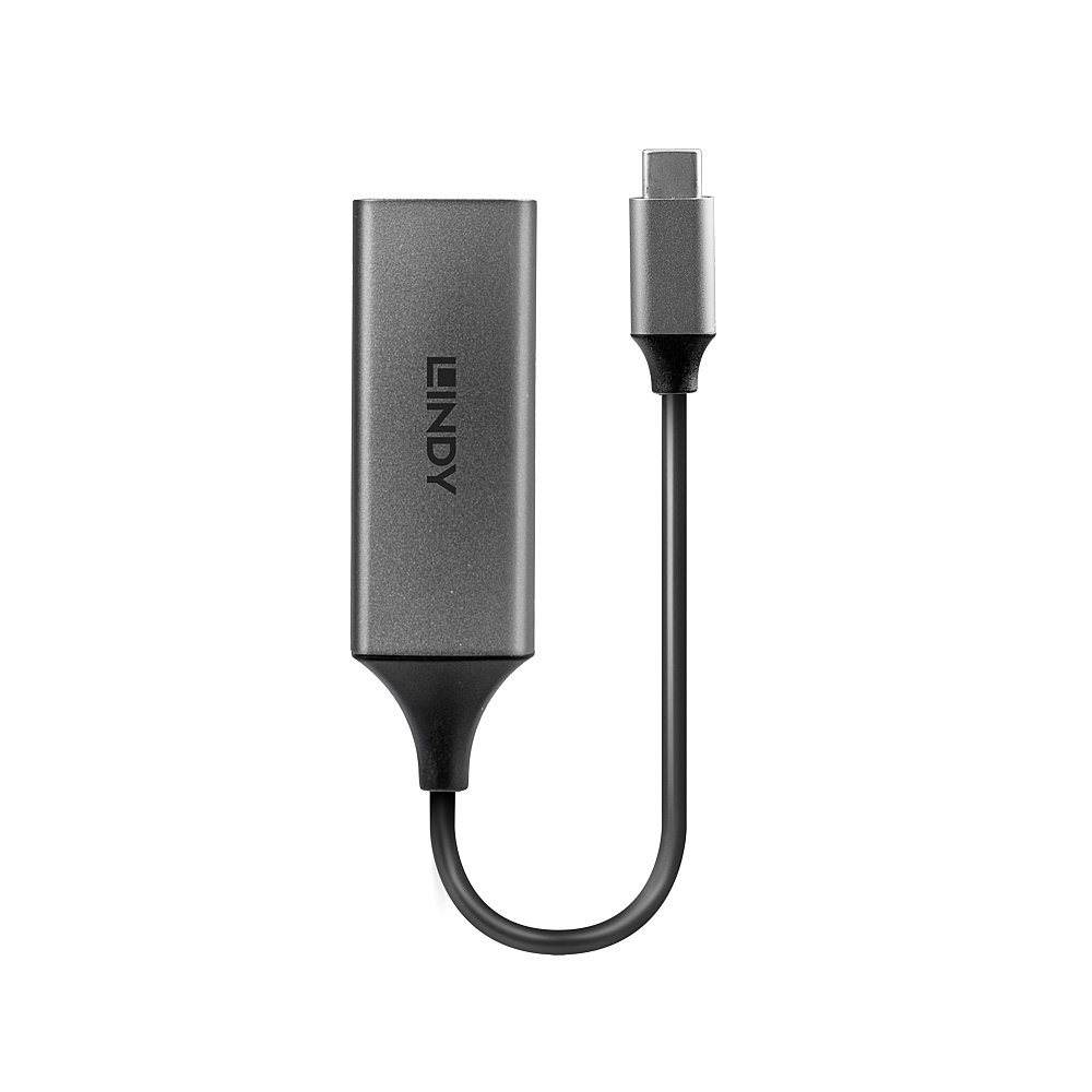 Un cable adaptador Lindy gris con conector USB-C. El cable tiene un diseño curvo con una sección negra.
