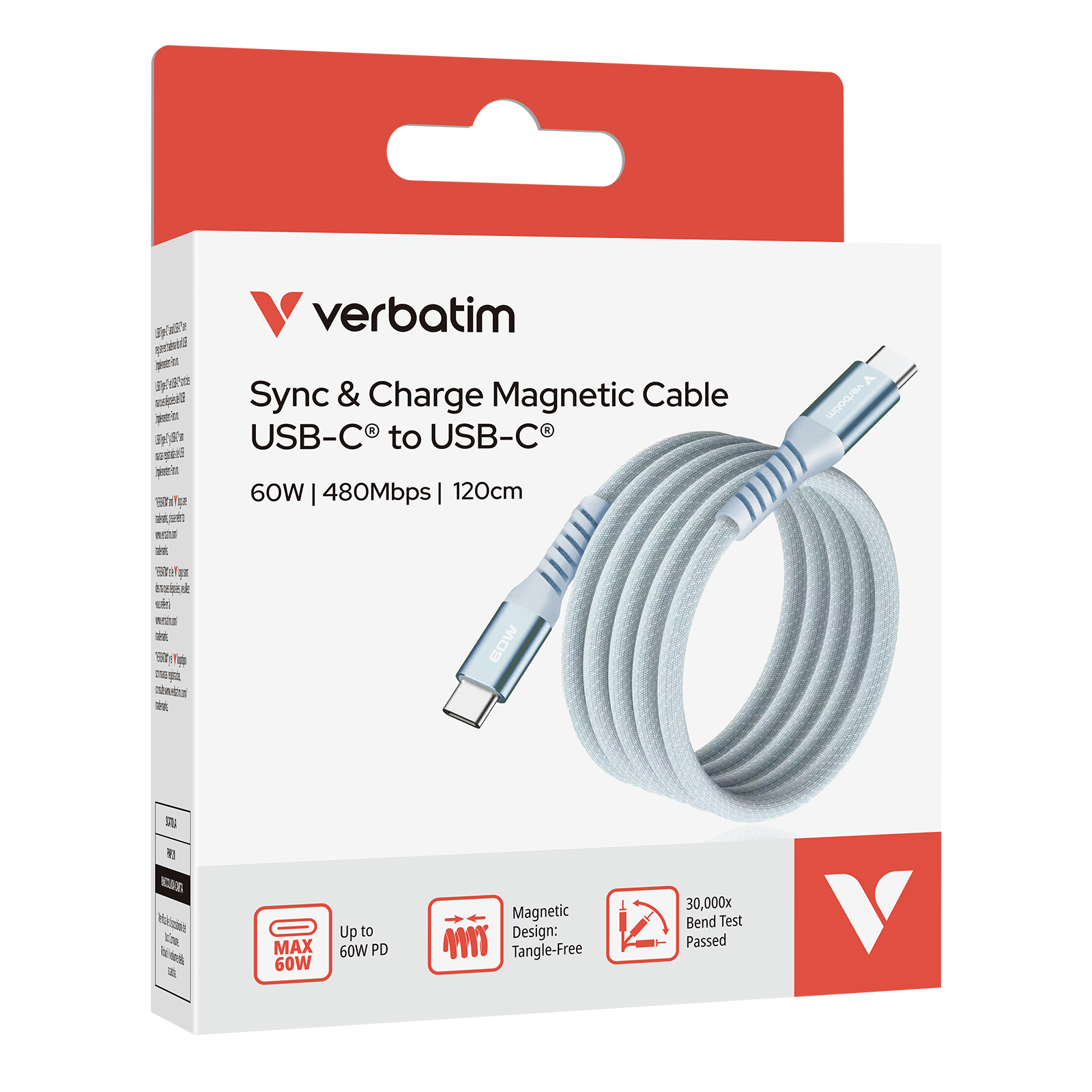 Eine Verbatim-Box mit einem magnetischen USB-C-auf-USB-C-Kabel. Das Kabel ist grau. Text: Sync & Charge, 60W, 480Mbit/s.