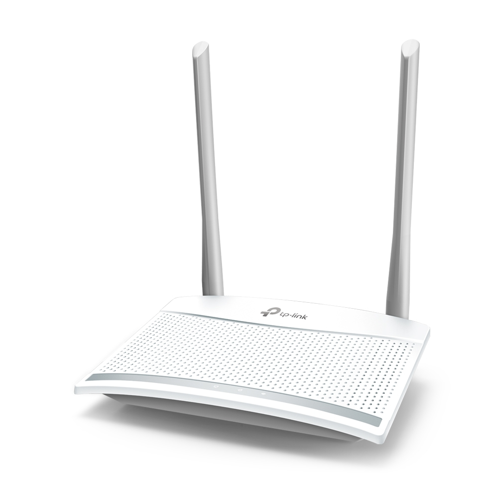 Biały router TP-Link z dwiema antenami. Ma perforowany wierzch i zakrzywiony design. Tło jest białe.