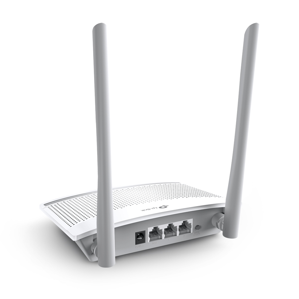 Biały router TP-Link z dwiema szarymi antenami. Porty i przyciski znajdują się z tyłu.