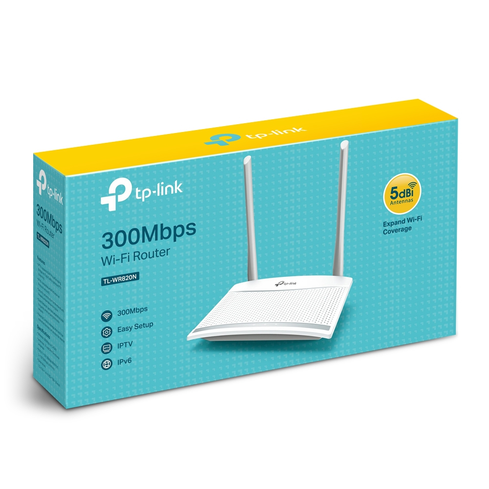 Biały router Wi-Fi TP-Link na swoim pudełku. Pudełko jest turkusowe z żółtymi akcentami i zawiera informacje.