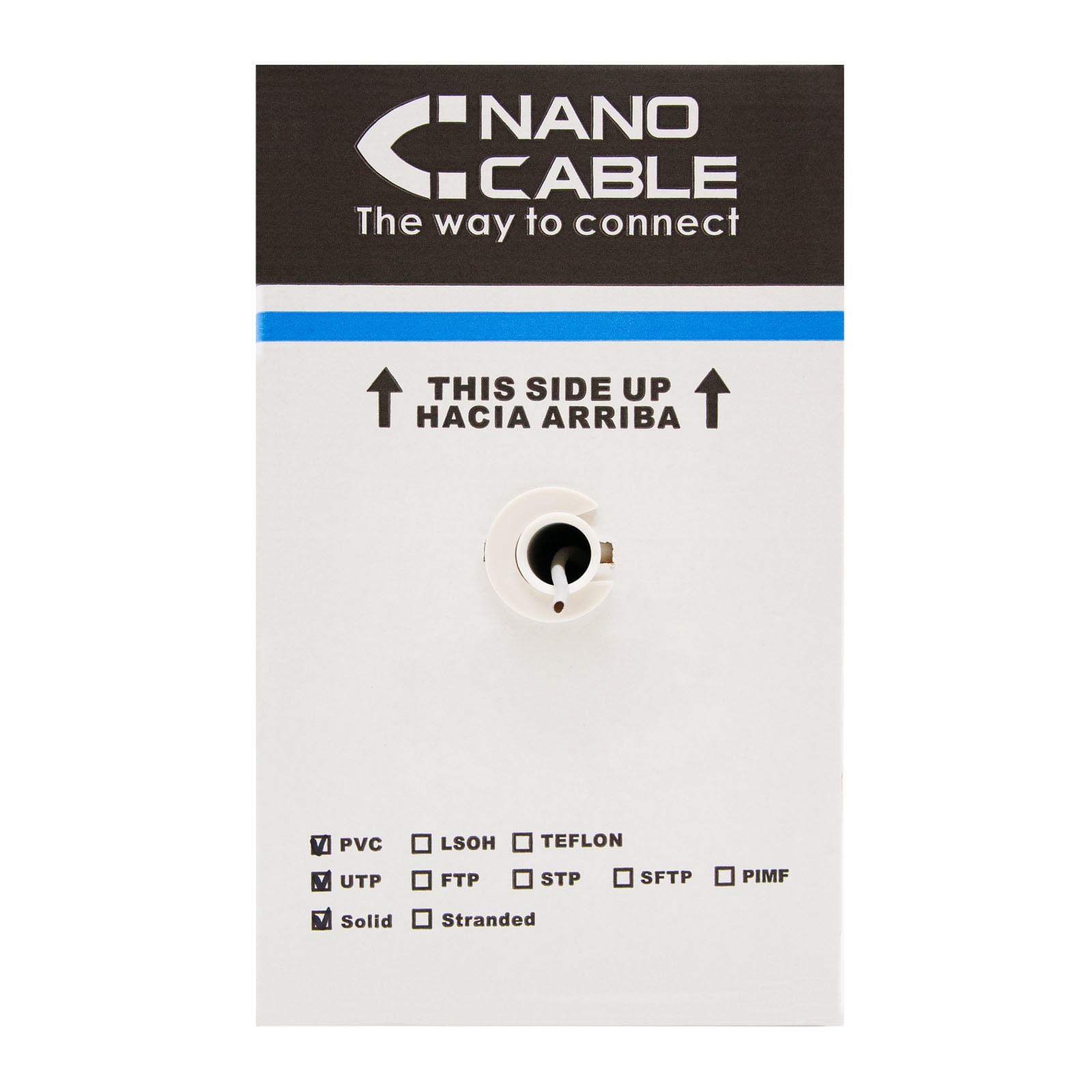 Scatola bianca con logo e testo Nano Cable. Ha un cavo che esce. Contiene caselle di controllo per i tipi di cavo.