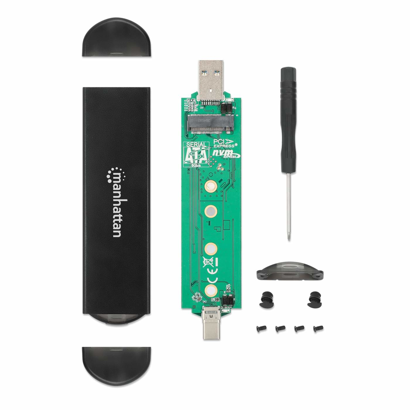 Ein zerlegtes USB-Geräte-Kit mit Komponenten wie einer grünen Leiterplatte, schwarzer Abdeckung, Schraubendreher und kleinen Schrauben.