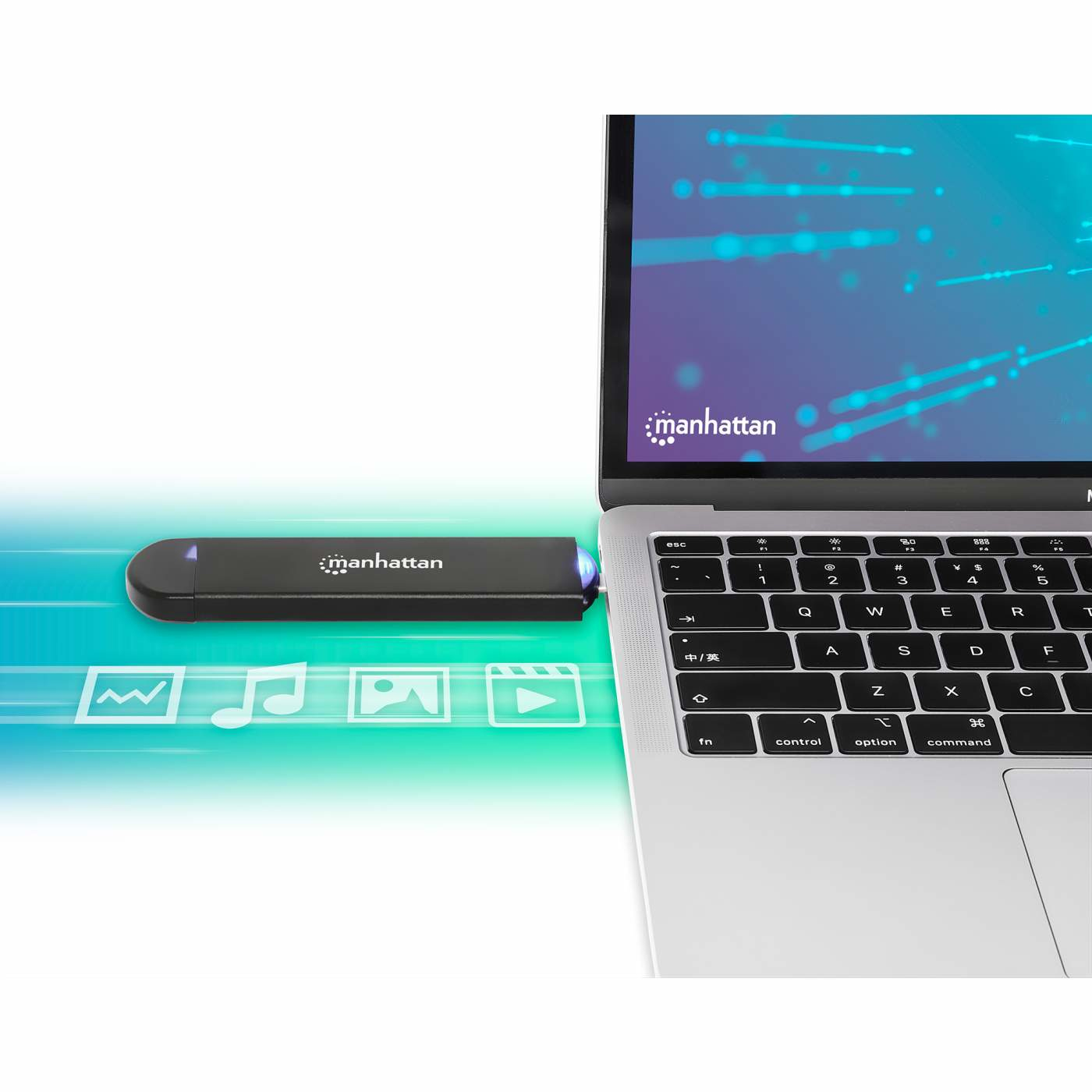 Schwarzer Manhattan USB-Stick, der an einen Laptop angeschlossen ist. Der Laptop-Bildschirm zeigt das Manhattan-Logo und ein blaues Design.
