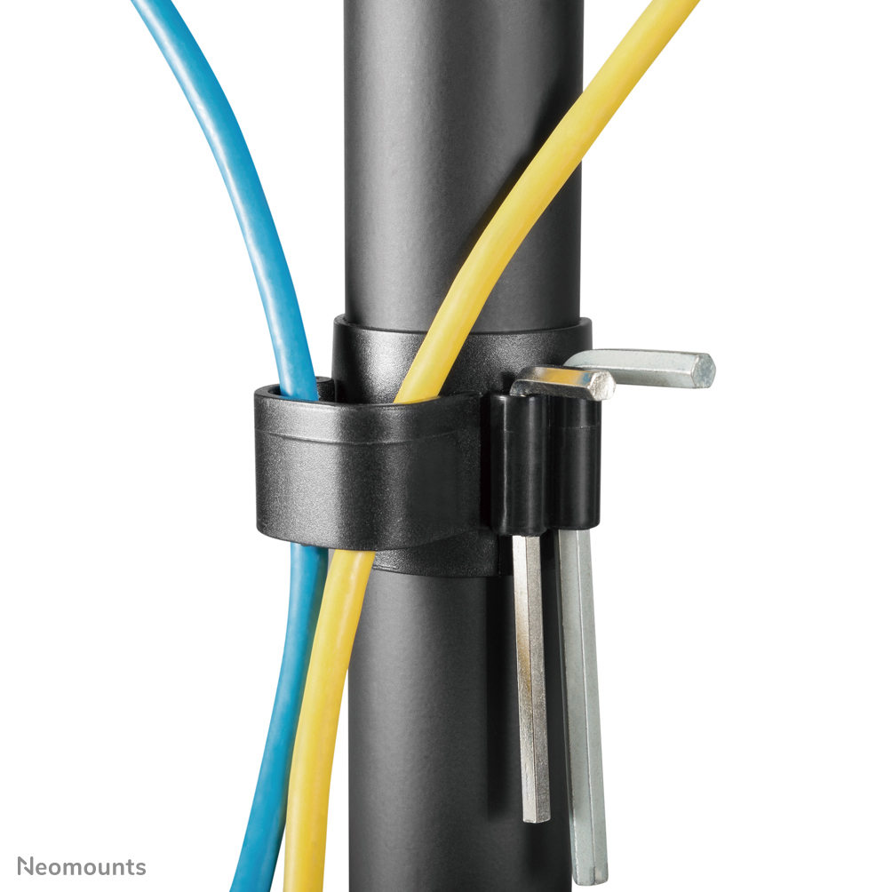 Czarny organizer kabli trzymający niebieskie i żółte kable na czarnym słupie. Klucze imbusowe są dołączone.