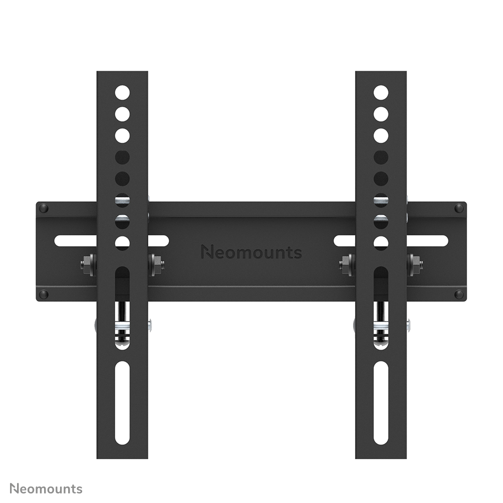 Eine schwarze Neomounts TV-Halterung. Sie hat zwei vertikale Stangen mit Löchern, verbunden durch eine horizontale Stange. Der Markenname ist sichtbar.