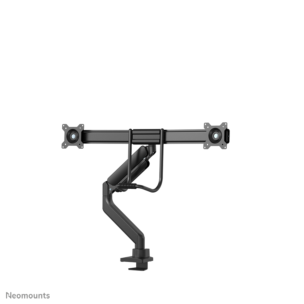 A black dual monitor arm on a white background. It has mounting plates, adjustable arms, and a desk clamp.