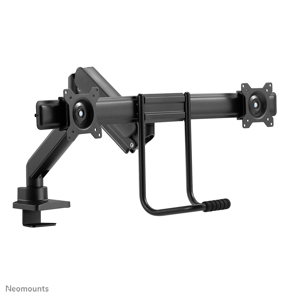 A black dual monitor arm. It has a clamp, multiple joints, and a horizontal bar with monitor mounting points.