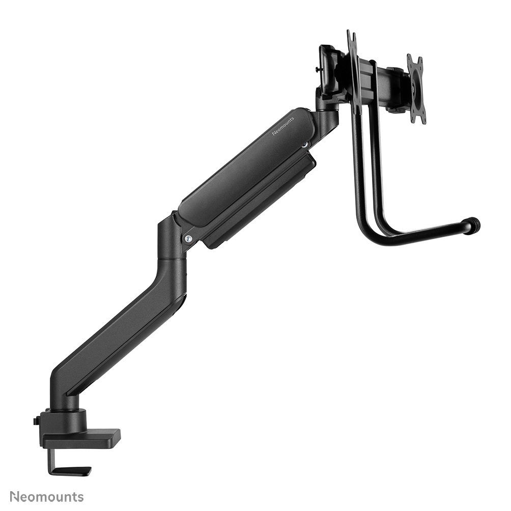 A black monitor arm with a clamp, adjustable joints, and a bracket for attaching a screen, against a white background.