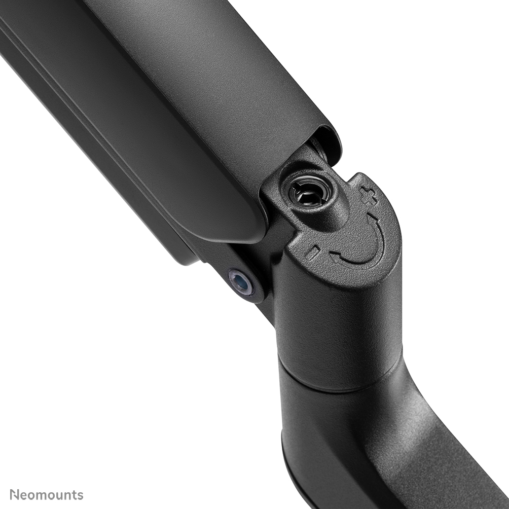 A close-up of a black, articulated arm joint. Details include a screw, a plus sign, and a curved arrow indicating direction of movement.