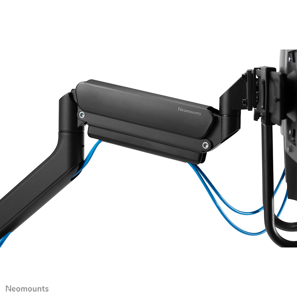 A black monitor arm, branded Neomounts, with blue cables. It is mounted on a white background. 