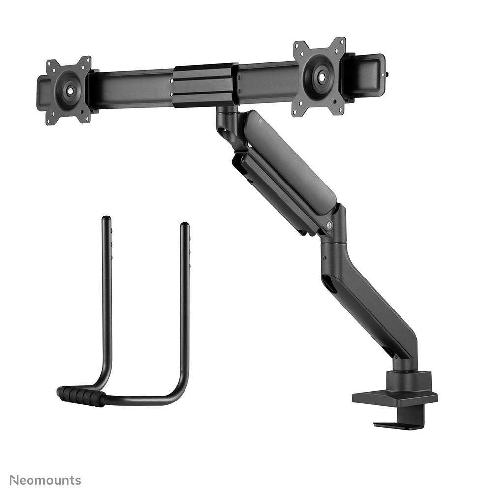 A black dual monitor arm with adjustable joints and a clamp. Includes a separate hook-like stand for accessories.