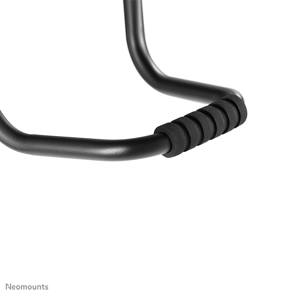 Close-up of a black metal handle with a padded grip. The background is white.
