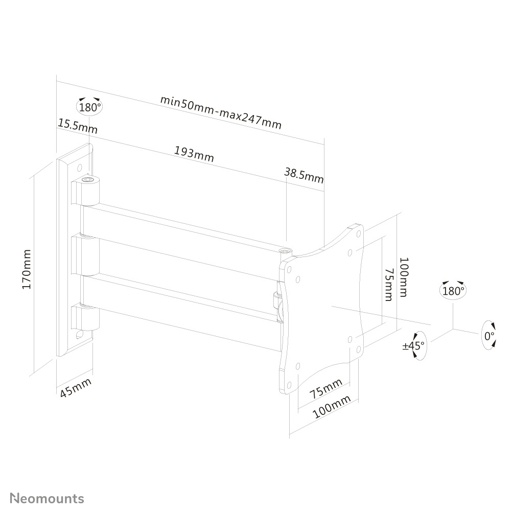 Diagramm einer Wandhalterung mit Maßen. Es hat eine rechteckige Basis, einen Gelenkarm und eine Montageplatte. Abmessungen sind beschriftet.