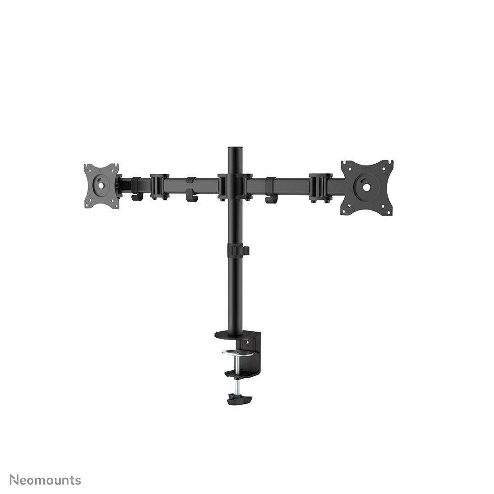 A black dual monitor arm. It has a vertical pole and two horizontal arms with monitor mounting plates.