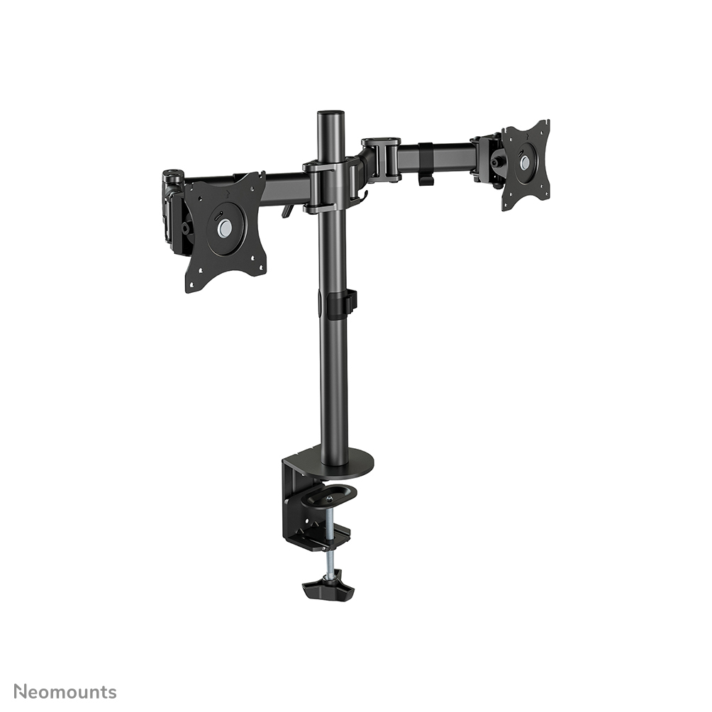 A black dual monitor arm on a white background. It has a vertical pole and adjustable arms for the monitors.