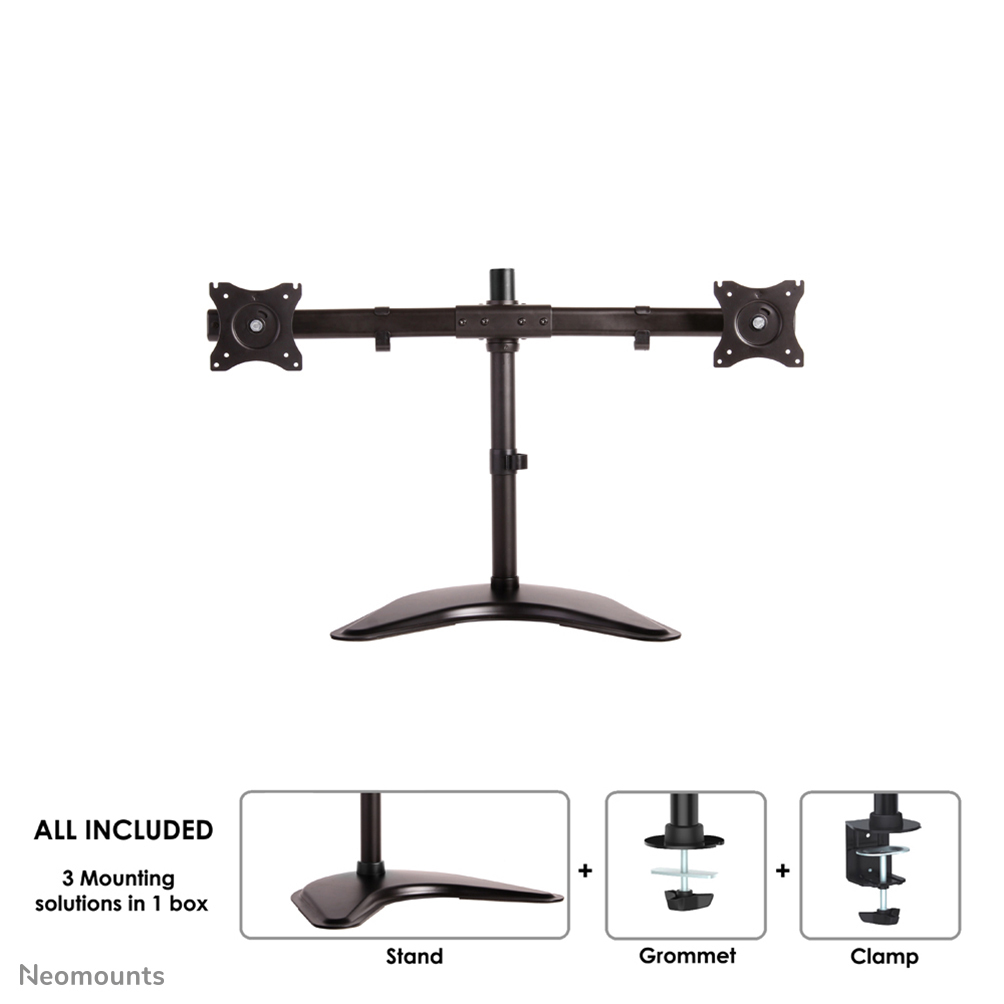 A black monitor stand for two screens with a base, pole, and arms. Includes stand, grommet and clamp.