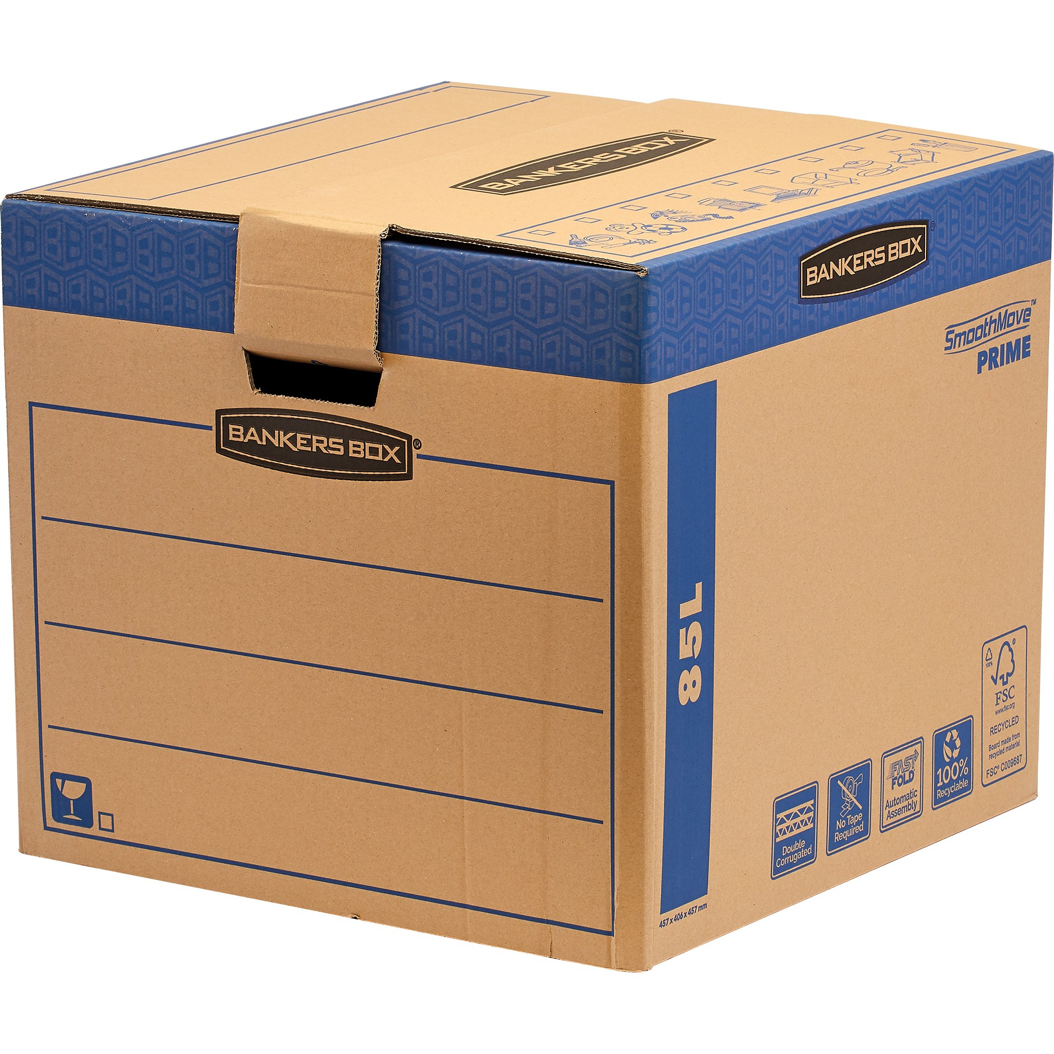 Eine braune Bankers Box mit blauen Akzenten. Mit 'SmoothMove PRIME' und '85L'. Sie hat einen Griff und verschiedene Symbole.