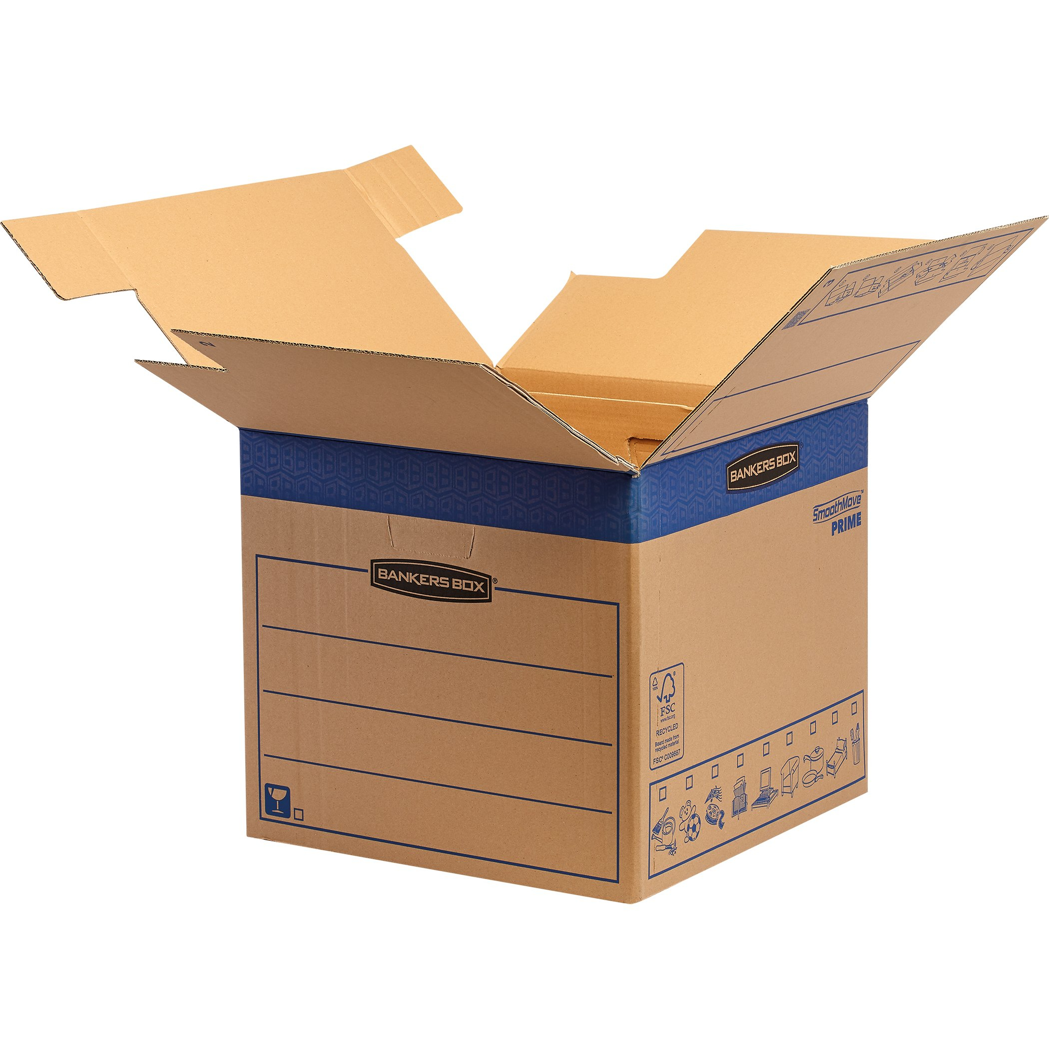 Offene Bankers Box, brauner Karton mit blauem Rand. Etiketten: 'Bankers Box', 'SmoothMove PRIME' und Recycling-Info.