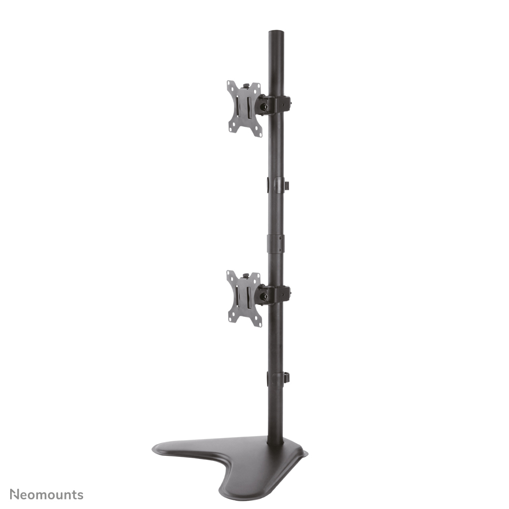 A black monitor stand with two brackets for monitors. The stand has a base and a vertical pole.