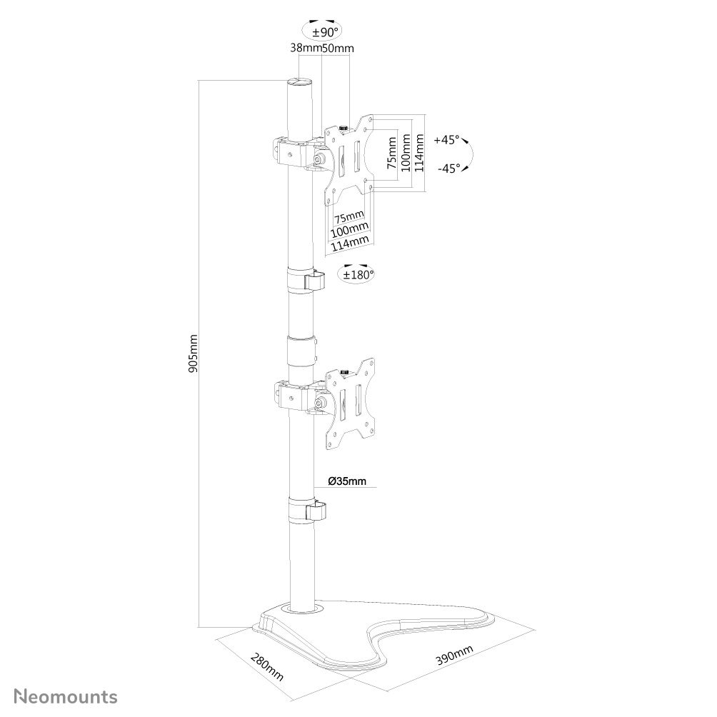 Diagram of a monitor stand, showing dimensions and angles. It has a base, pole, and adjustable arms for mounting monitors.