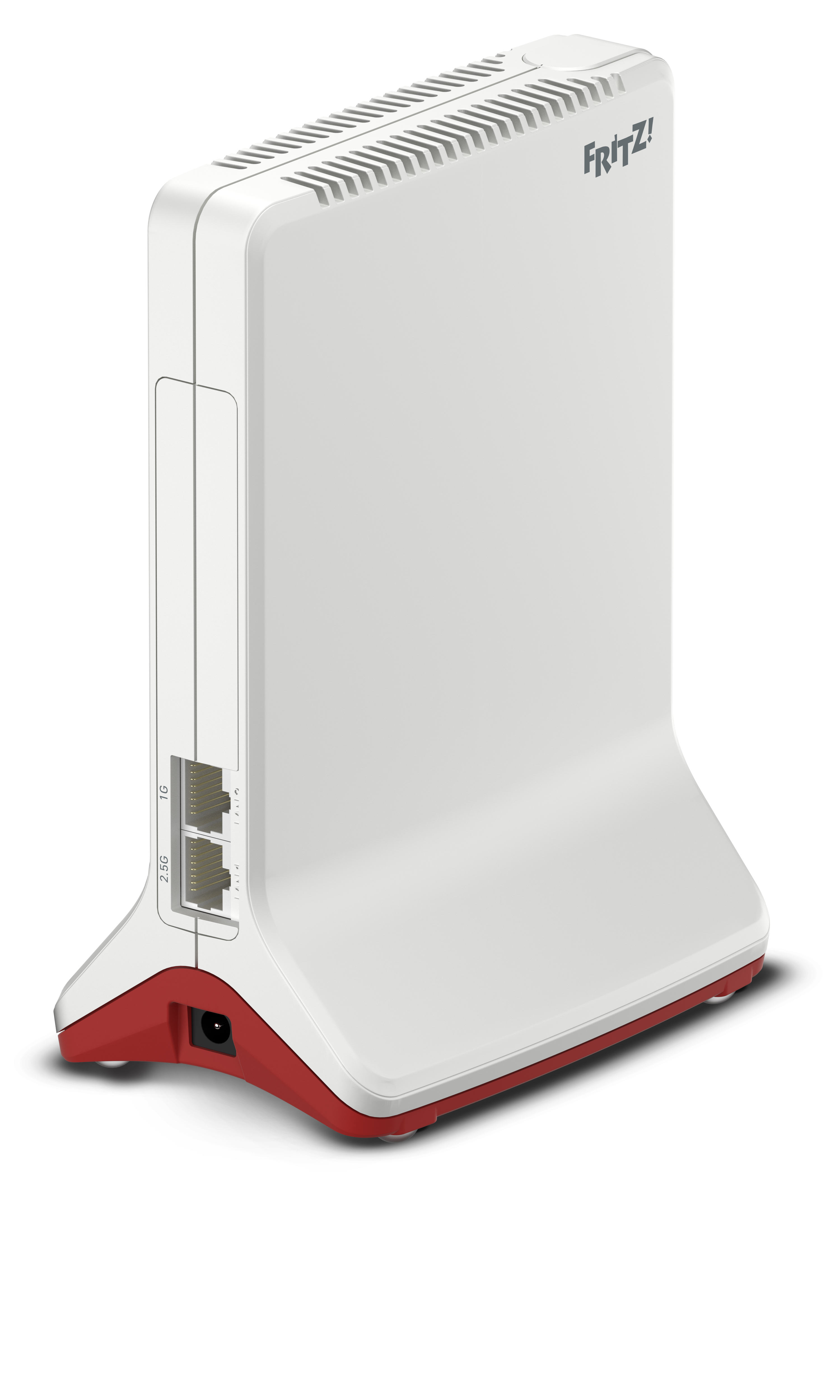 Ein weißer Router mit roter Basis. Hat Anschlüsse und Lüftungsschlitze. Der Markenname "FRITZ!" steht darauf.