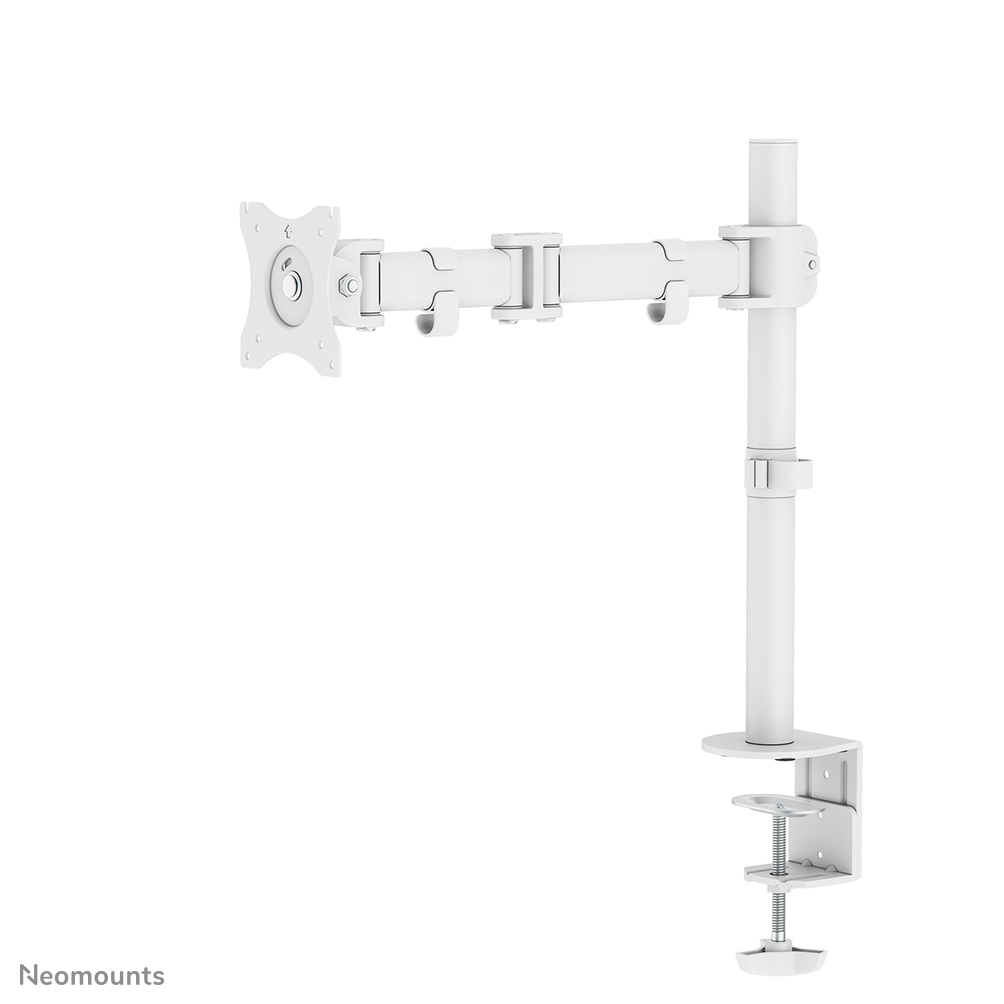 A white monitor arm. It has multiple joints, a clamp for the desk, and a bracket for a monitor. The background is white.