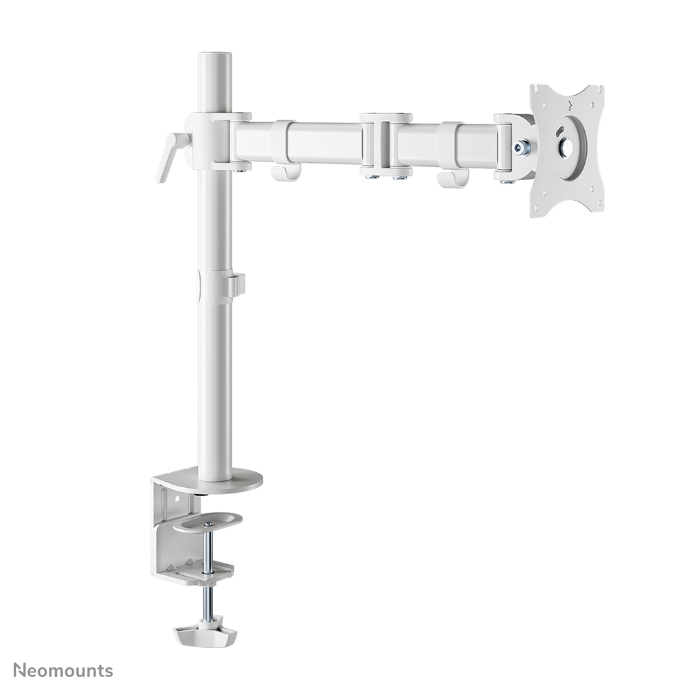 A white monitor arm with multiple joints and a clamp base. It is designed to hold a monitor. The background is white.