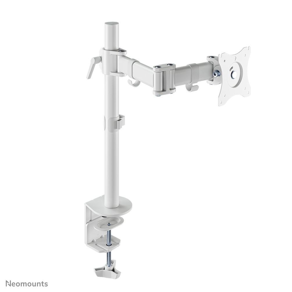 A white monitor arm. It has multiple joints and a clamp. A screen mount is on the right. The base is a screw clamp.