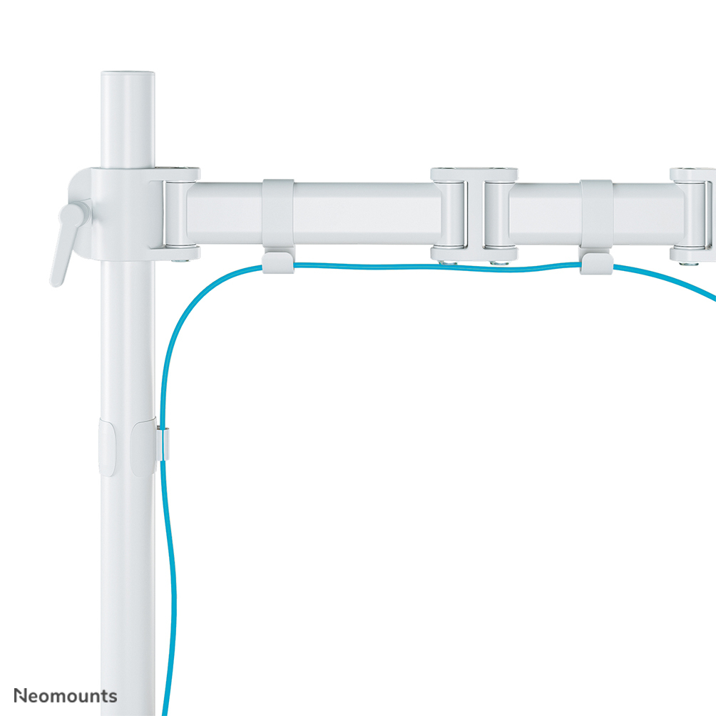 White monitor arm with a blue cable. The arm is composed of several joints. The background is white.