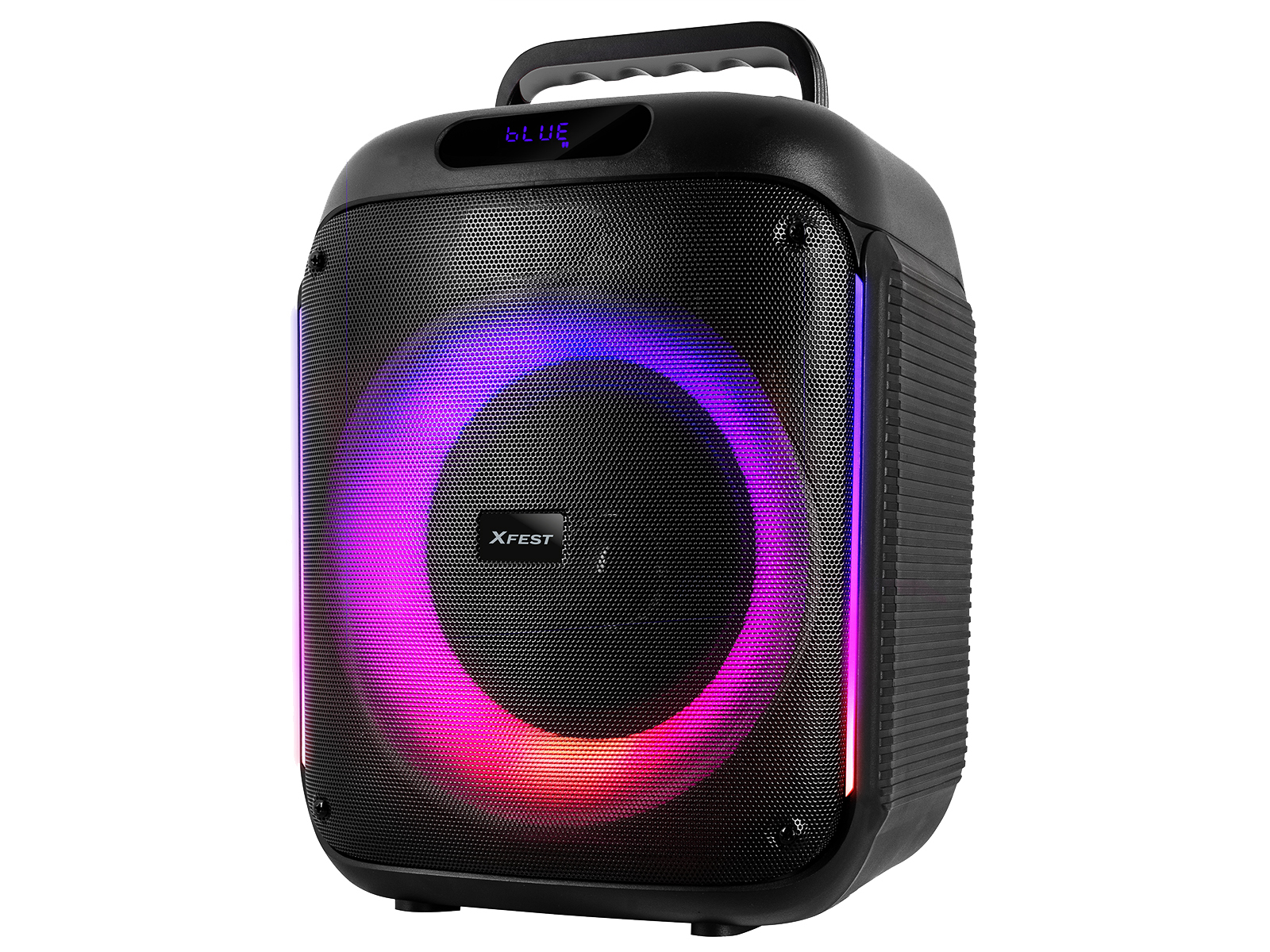 Un altoparlante nero con maniglia. Ha una parte anteriore in rete con un anello luminoso colorato. La parola 'XFEST' è sulla parte anteriore.