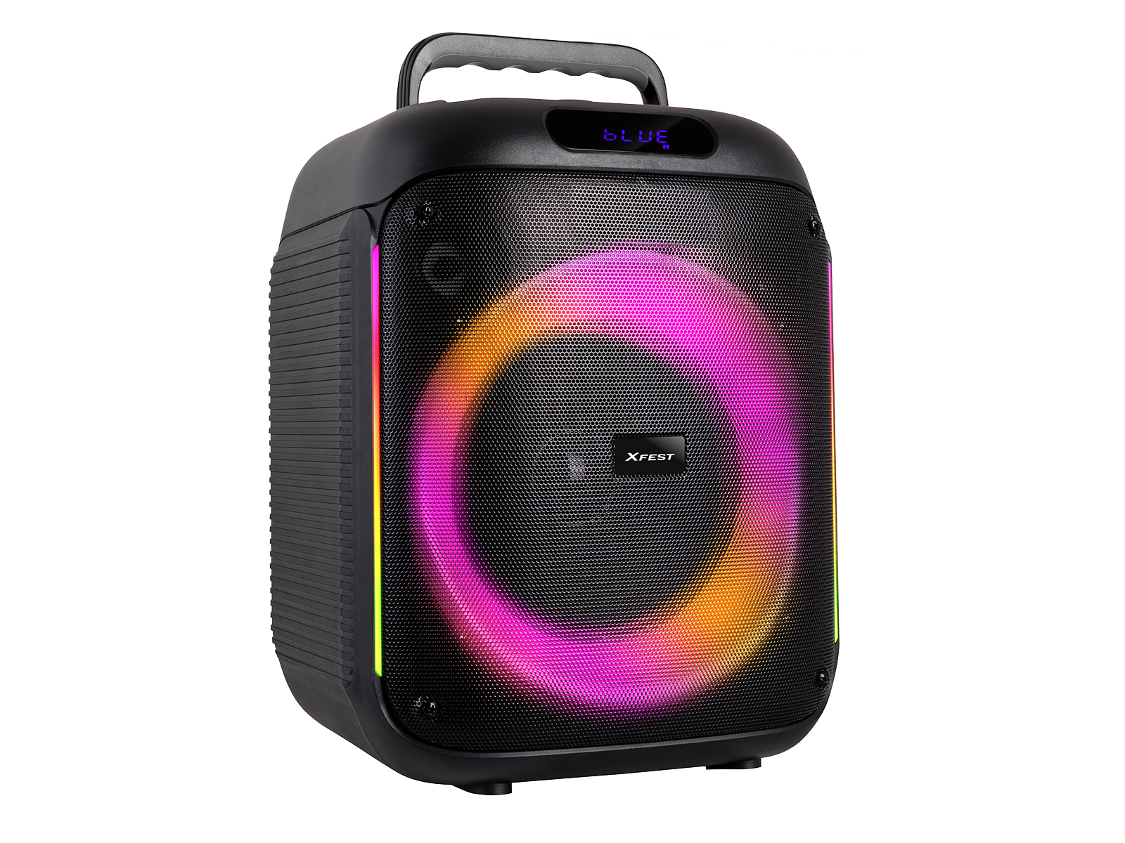 Altoparlante nero con maniglia, luce ad anello colorata e logo XFEST. Testo blu 'BLUE' visibile.